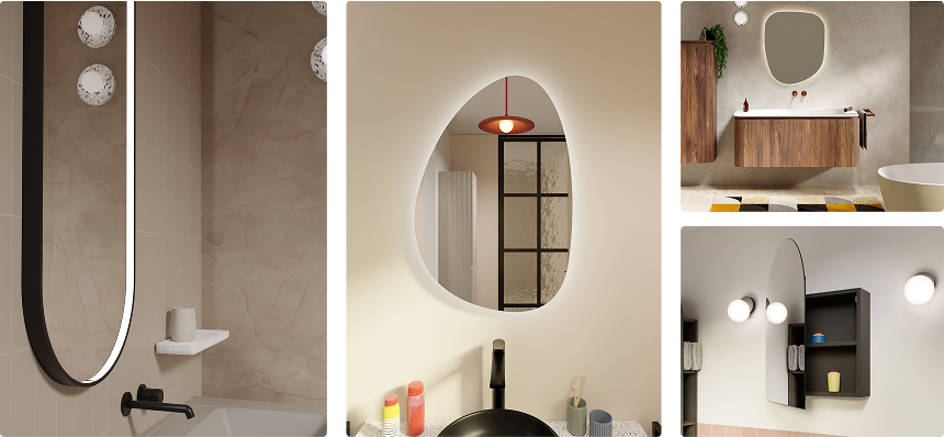 Collage de miroirs aux formes originales comme ovales, asymétriques et en goutte, intégrés dans des salles de bains colorées et modernes – styles uniques de x²o salles de bains.