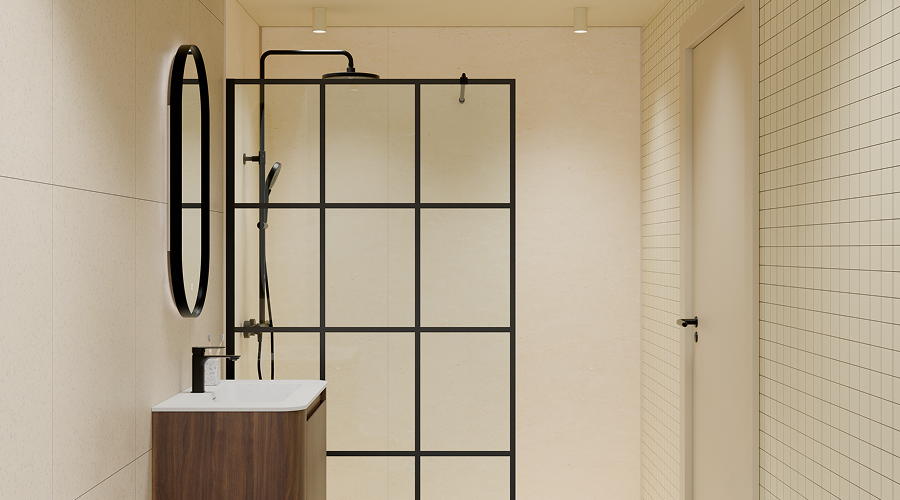 Moderne begehbare Dusche mit schwarzer Gitter-Duschwand, Holzwaschtisch und ovalem Spiegel. Zeitloses Design von X2O Badezimmer.