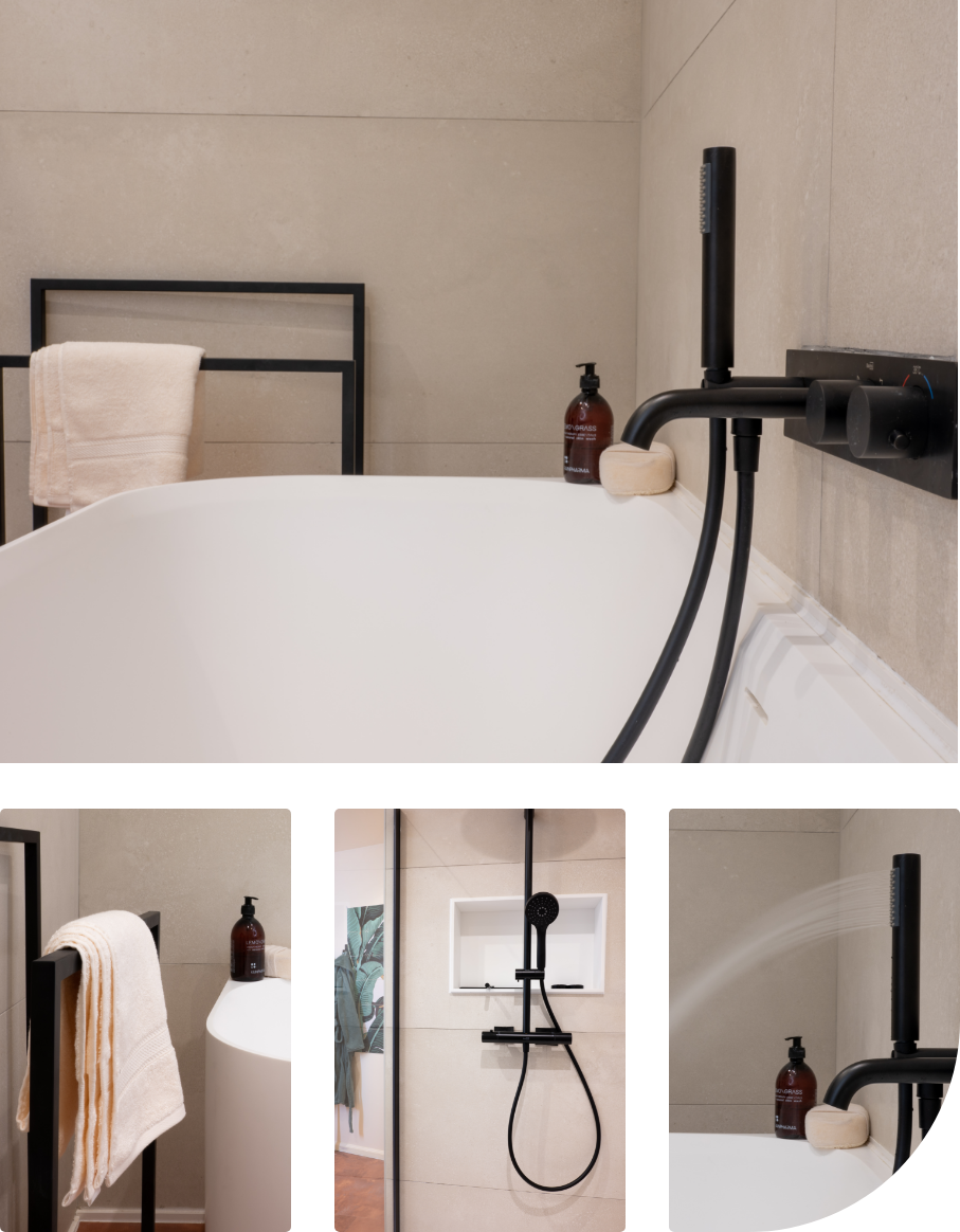 Collage van badkamerdetails van x²o badkamers met zwarte kranen, wastafel, handdoekenrek en accessoires die samen een trendy maar tijdloze badkamerstijl tonen.