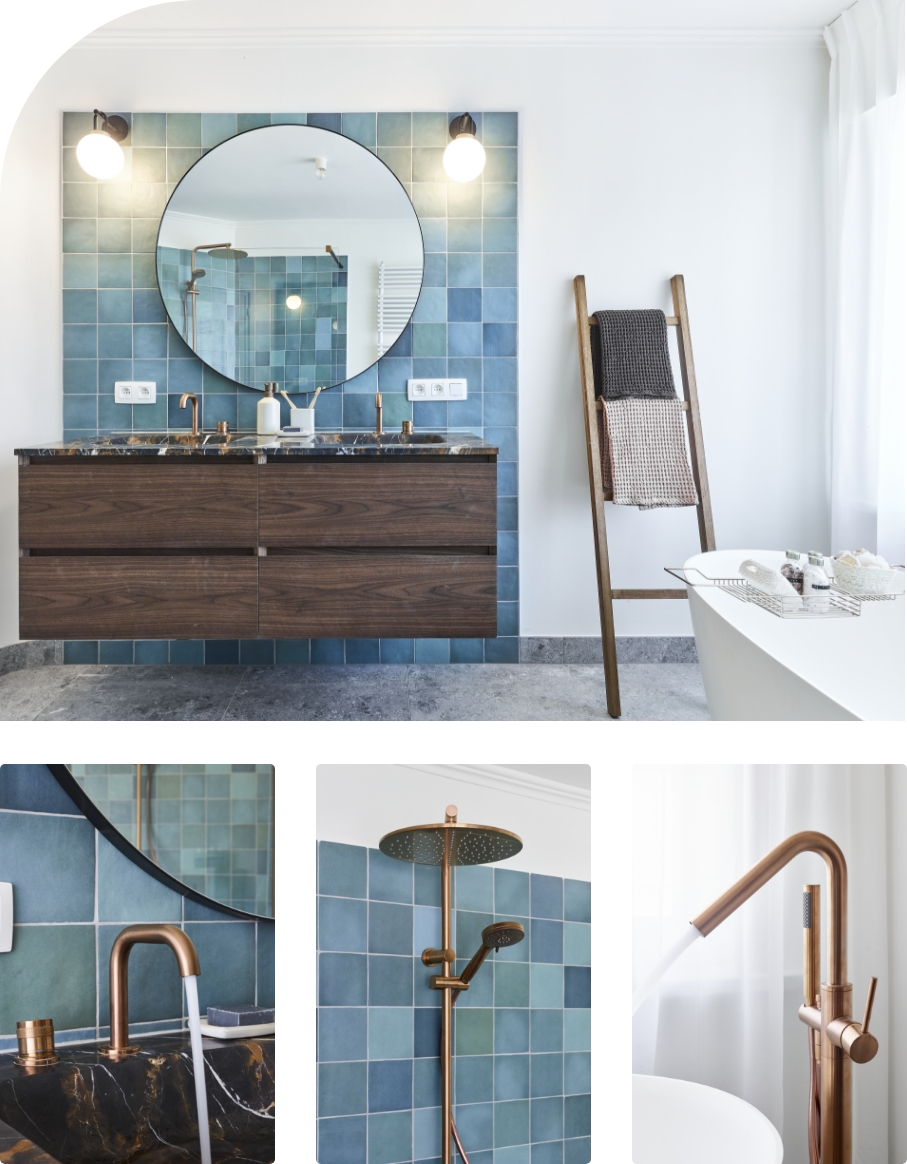 Salle de bains moderne avec robinet design et vasque blanche, associée à des matériaux naturels, présentée par x²o salles de bains.