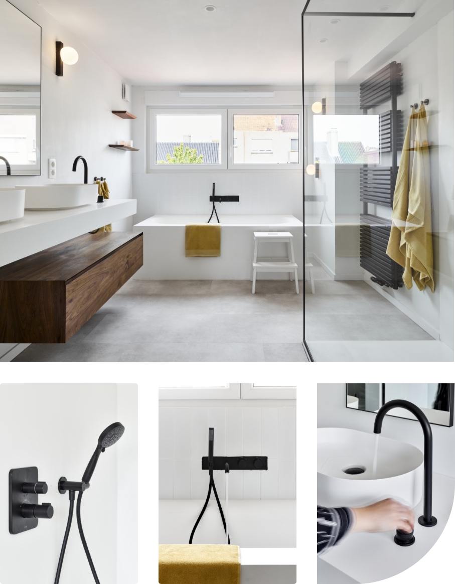 Photo de détail d’un robinet noir mat en fonctionnement au-dessus d’une vasque, illustrant l’économie d’eau chez x²o salles de bains.