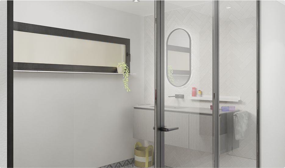 Salle de bains ouverte fermée avec porte en verre et meuble moderne – X²O Salles de Bains
