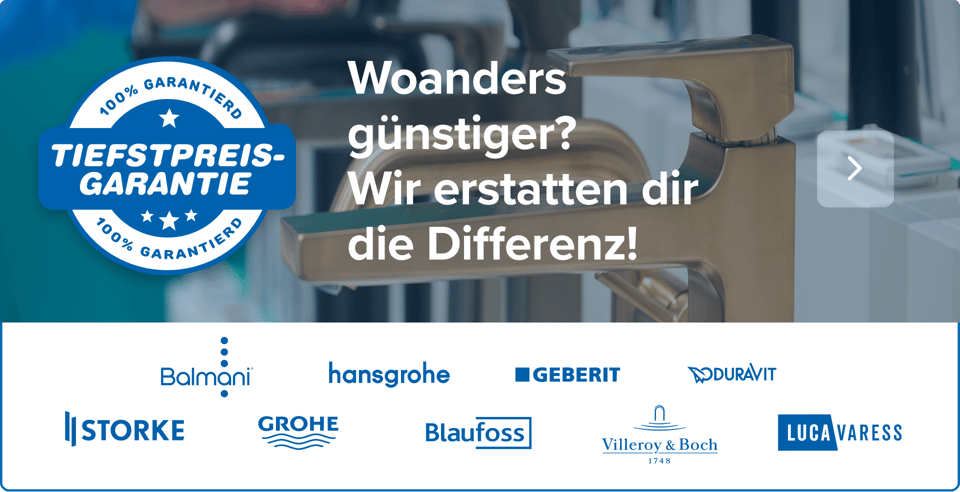 Werbebanner von x²o Badezimmer mit Fokus auf eine goldfarbene Armatur. In der Bildmitte ist ein blaues Abzeichen mit der Aufschrift „TIEFSTPREIS-GARANTIE – 100% GARANTIERT“. Darunter der Text „NIRGENDS GÜNSTIGER! Wir erstatten Dir die Differenz zurück“. Am unteren Rand werden mehrere Markenlogos aus dem Sanitärbereich angezeigt.