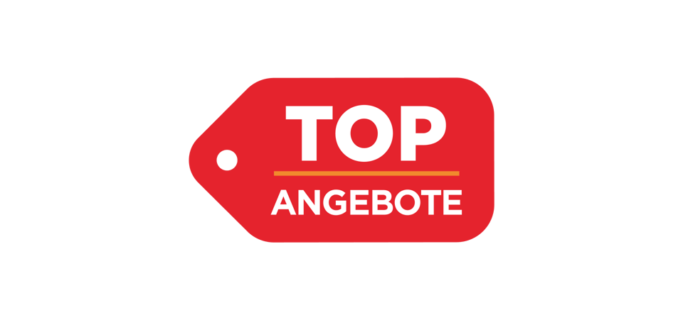 Du siehst ein rotes Preisschild auf schwarzem Hintergrund mit der weißen Aufschrift „TOP ANGEBOTE“ und einer feinen gelben Linie. Das Label hebt besonders attraktive Angebote von x²o Bad hervor