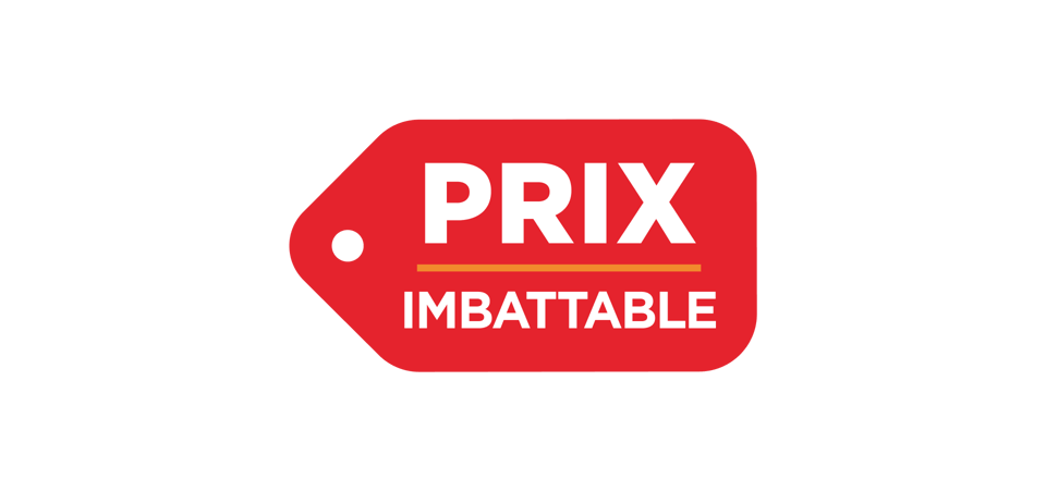 Étiquette rouge en forme d’étiquette de prix sur fond noir avec le texte blanc « PRIX IMBATTABLE » et une fine ligne horizontale jaune. Ce label indique un prix particulièrement avantageux proposé par x²o salles de bains.