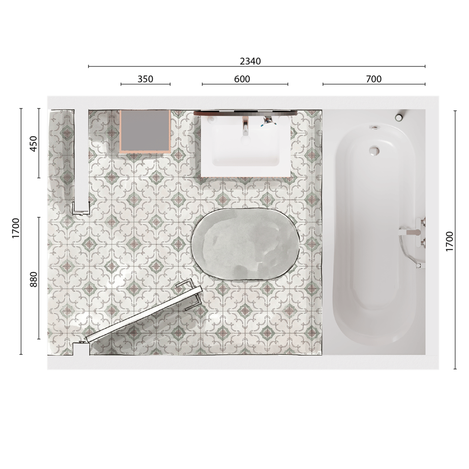 Draufsicht eines Badezimmerplans mit Badewanne, Waschtisch, Dusche, gemustertem Boden, ovalem Teppich und eingezeichneten Maßen.