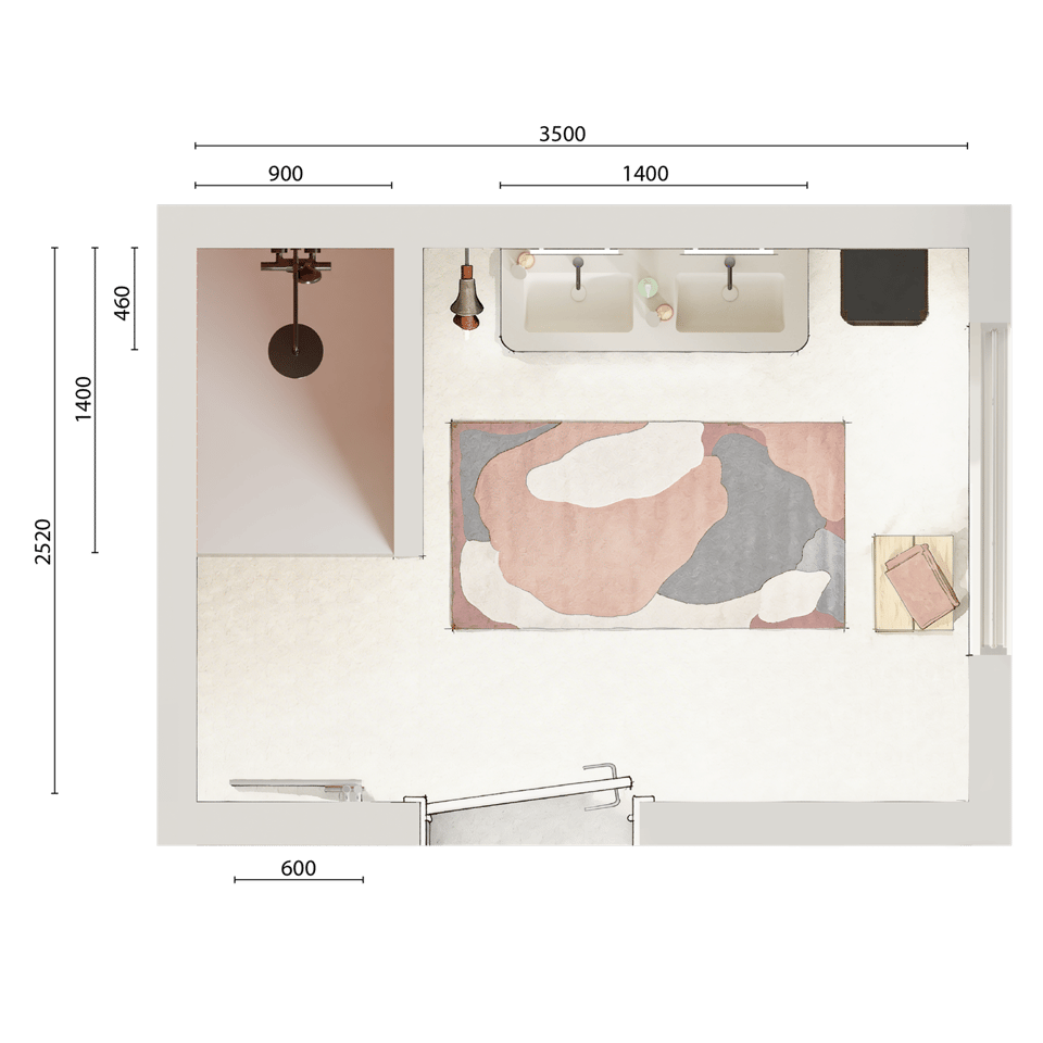Draufsicht eines Badezimmergrundrisses mit Duschbereich, Doppelwaschbecken, Teppich und Maßangaben bei x²o Badezimmer
