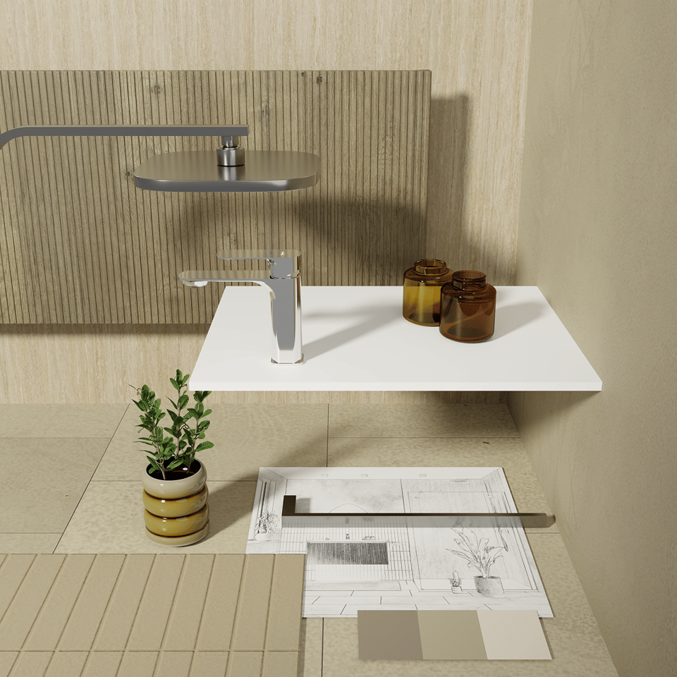 Detail eines Badezimmerkonzepts mit weißem Waschbecken, verchromtem Wasserhahn, Regendusche, beigefarbener Wandverkleidung, kleiner Pflanze und Entwurfszeichnung mit Farbmuster.
