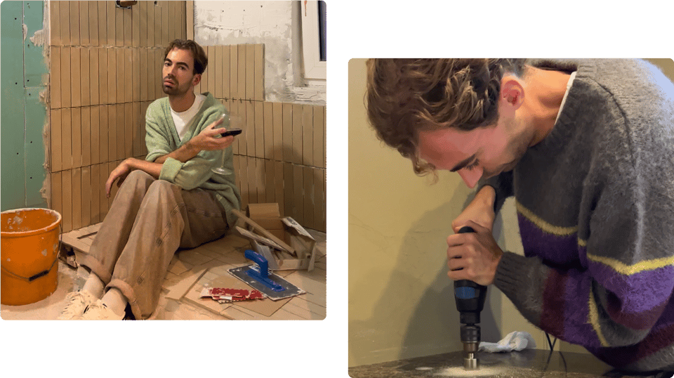 Daan Alferink boort zorgvuldig in het badkamerwerkblad voor installatie.