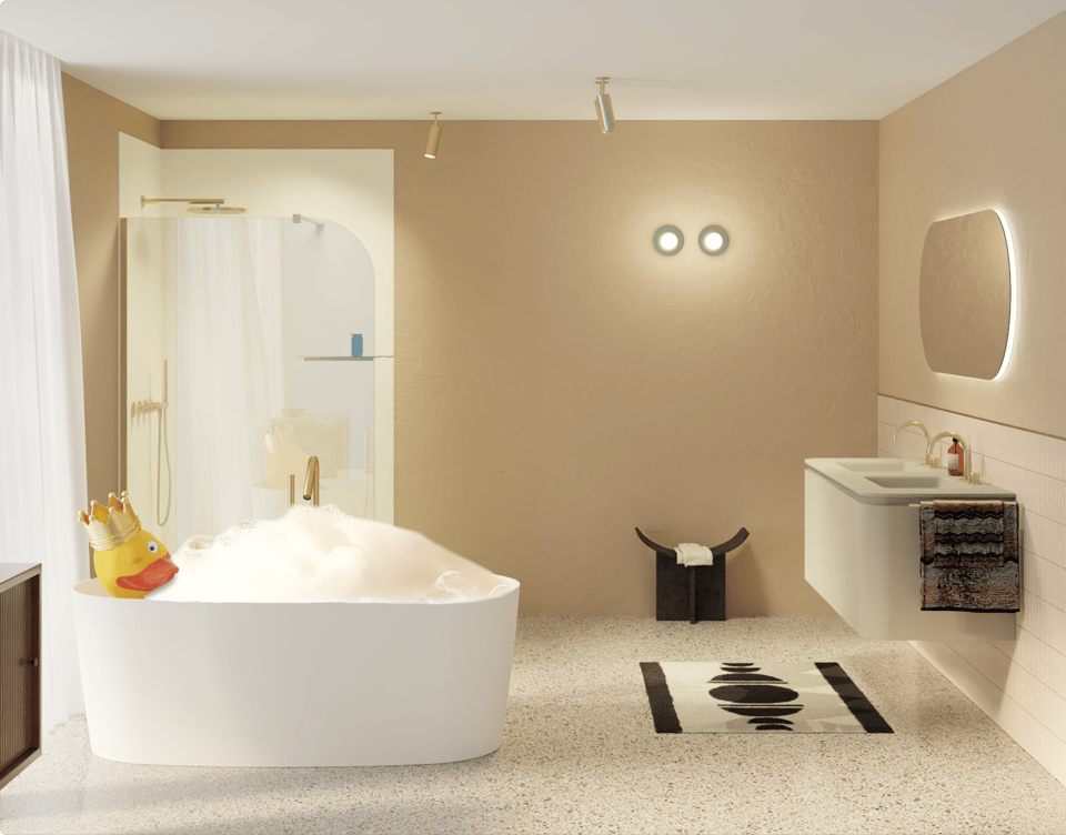 Rendu 3D d’une salle de bains moderne avec baignoire autoportante et mousse, chez X2O salles de bains.