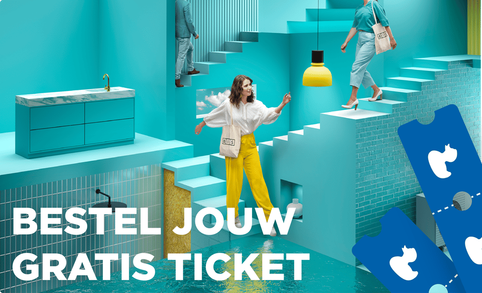 Promotieafbeelding van X²O voor de BIS-beurs 2025, met moderne badkamer en uitnodiging om gratis tickets te bestellen.