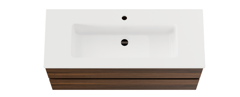 Compact wastafelmeubel van x²o badkamers met geïntegreerde wastafel en strak design op een zwevende houten onderkast.