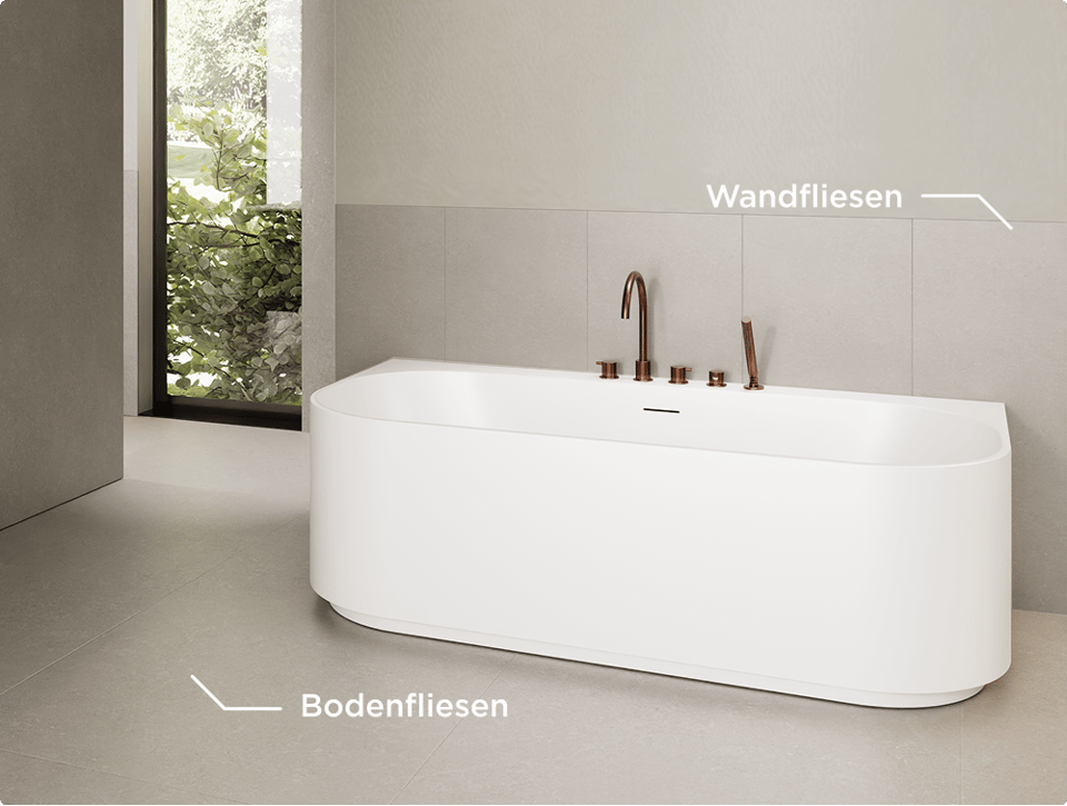Modernes Bad von X²O Badezimmer mit freistehender weißer Badewanne, großen hellgrauen Boden- und Wandfliesen sowie Markierungen, die den Unterschied zwischen Wandfliesen und Bodenfliesen zeigen.