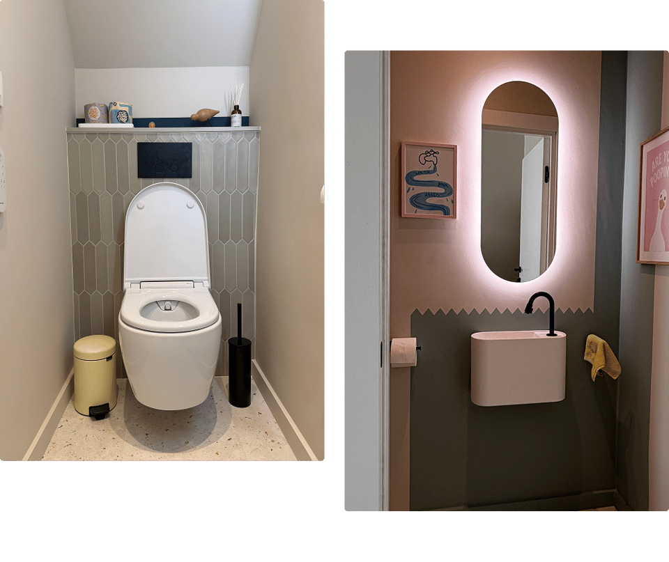 Moderner Toilettenraum von x²o Badezimmer mit Geberit AquaClean Alba Dusch-WC, Balmani Livo Waschbecken und stimmungsvoller Spiegelbeleuchtung.