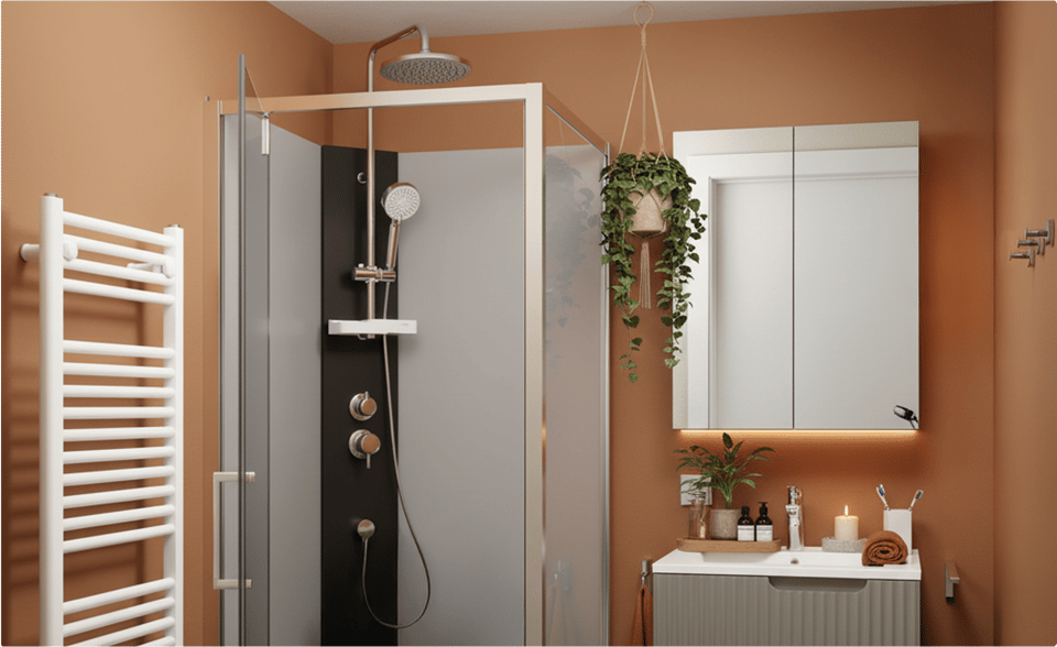 Schwarze X²O Duschkabine mit Regendusche neben Fenster mit Pflanzen und Licht.