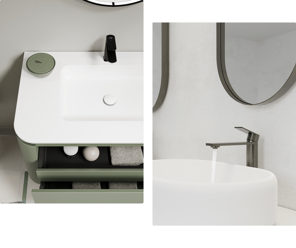 Une salle de bains moderne japandi de X²O salles de bains avec meuble-lavabo vert, deux tiroirs ouverts contenant serviettes et accessoires, vasque blanche et robinet noir sous un miroir ovale.