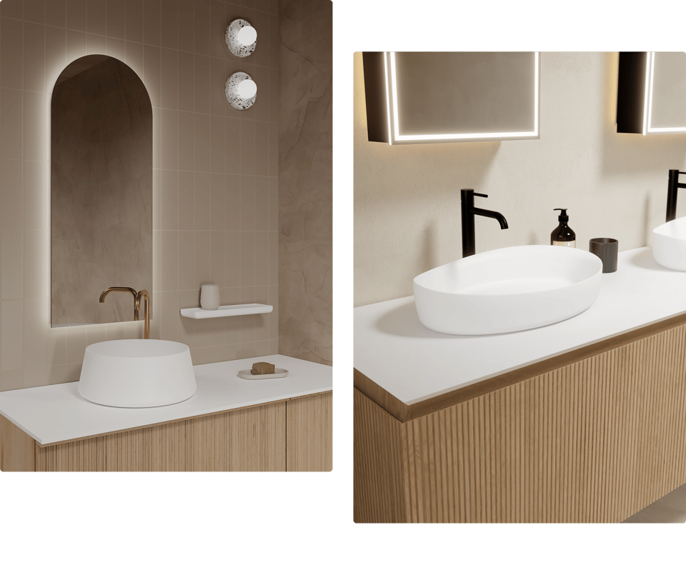Deux gros plans de vasques X²O : à gauche, vasque ronde haute avec robinet cuivré et carrelage beige ; à droite, vasque ovale blanche avec robinet noir sous miroir éclairé.
