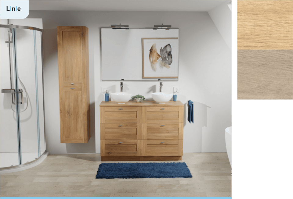 Linie badkamermeubel in eikenhout met dubbele wastafel en spiegelkast in klassieke badkamer.