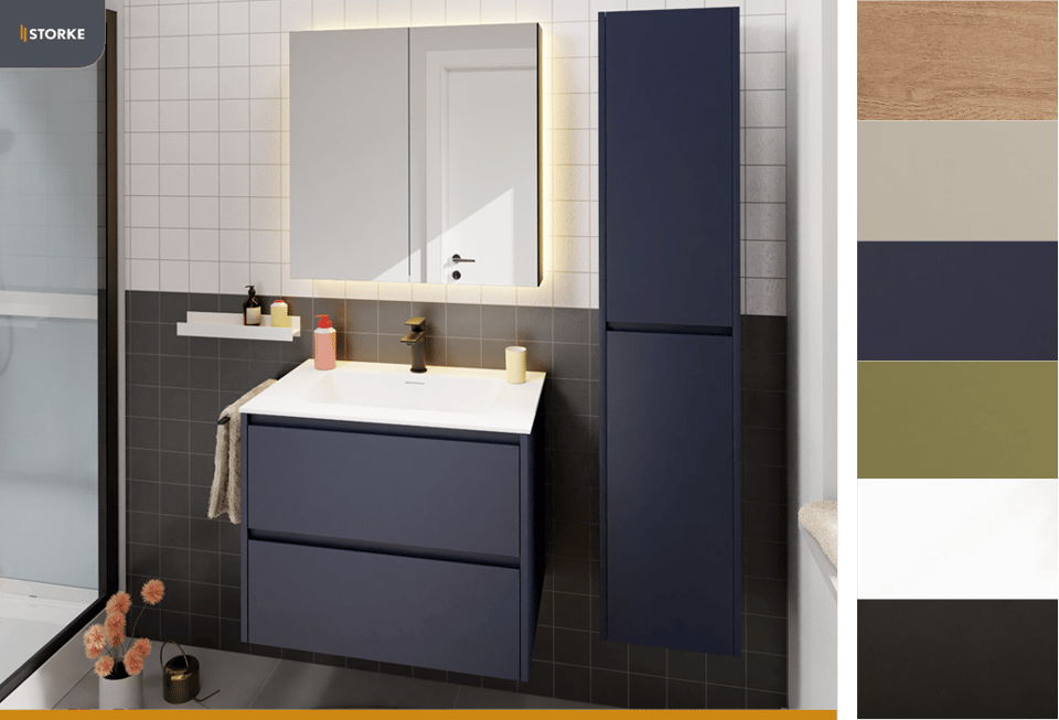 Storke badkamermeubel met spiegelkast en gekleurde fronten in moderne badkamer.