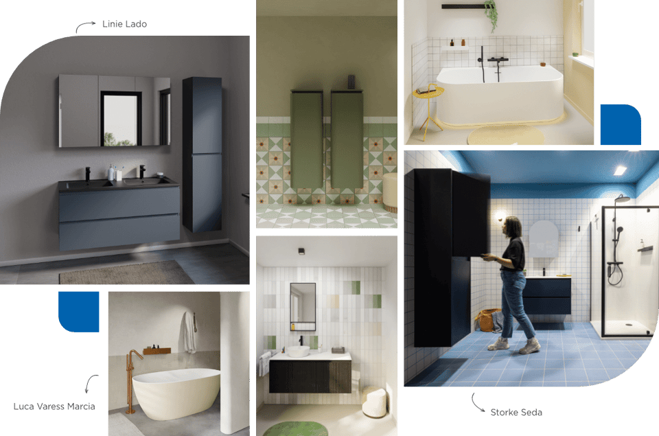 Collage de salles de bains modernes avec différents styles et couleurs. Comprend des meubles de salle de bain bleus et verts, une baignoire avec des robinets noirs, une armoire murale dans un espace carrelé bleu et une baignoire minimaliste avec des accents en bois.