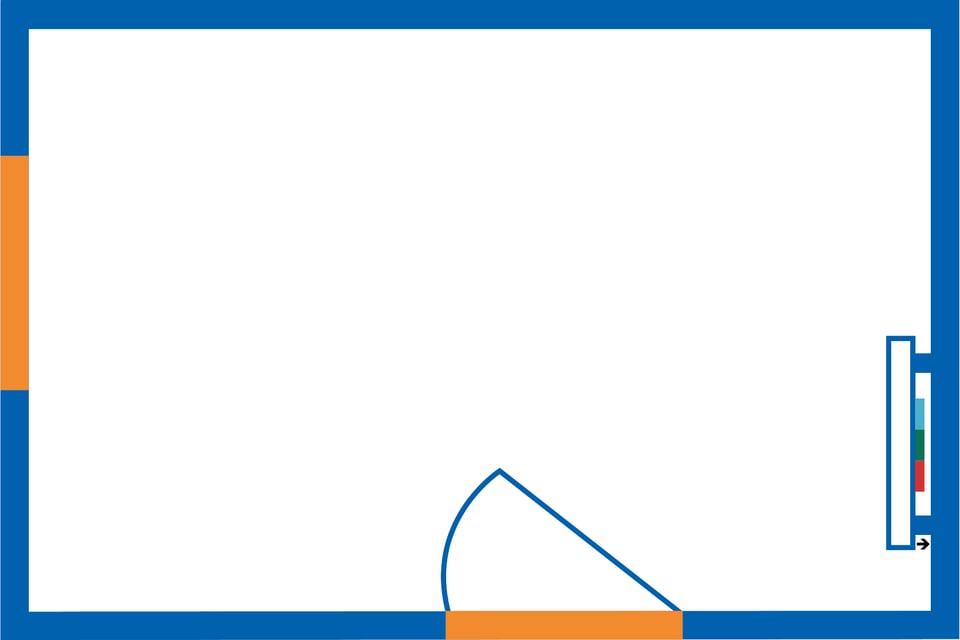 Leerer Grundriss mit blauem Rand, orange abgerundeter Ecke und Farbskala auf der rechten Seite
