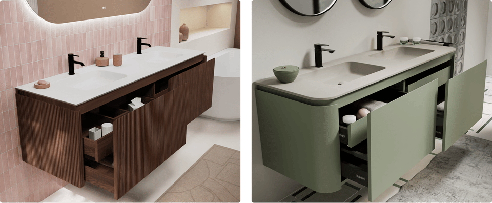 Badkamer in pastelstijl met roze tegels, donker houten meubel, zwarte kranen en geïntegreerde dubbele waskom. Een zachte creatie van x²o badkamers.