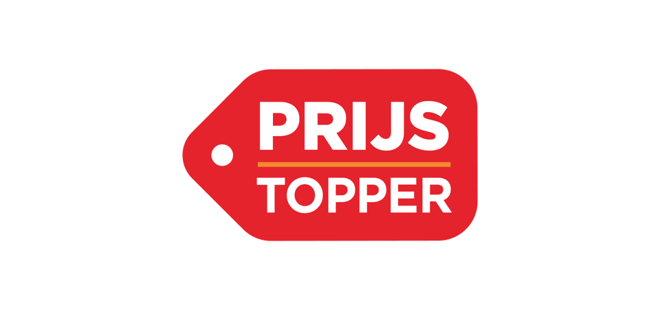 Rood label met witte tekst 'Prijs Topper', aangeduid als voordelige keuze van X²O badkamers.
